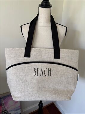 Rae Dunn BEACH. Canvas Tote Bag in Natural with Black Trim and Silver Insulation